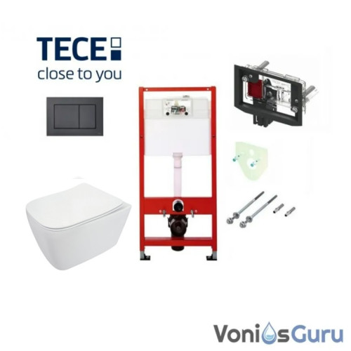 Potinkinio WC rėmo Tece, juodo mygtuko  ir klozeto Deante Hiacynt Rimless komplektas 6in1