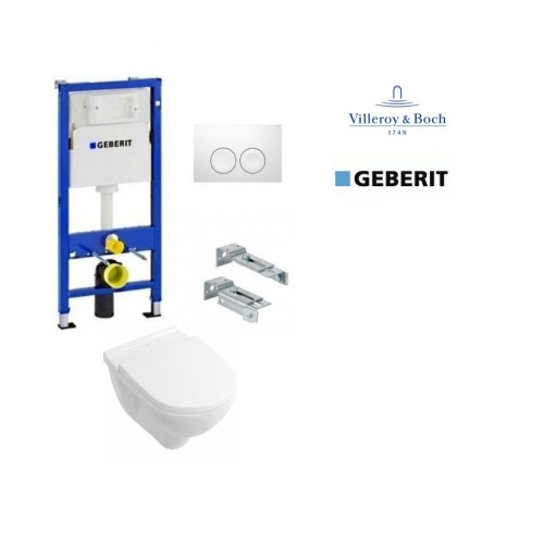 Komplektas 4 in1 Geberit DuoFix Basic potinkinis WC rėmas su baltu klavišu Delta 20 ir Villeroy&Bosch O.Novo Rimless klozetas su lėtaegiu dangčiu