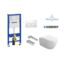 Komplektas 4 in1 Geberit DuoFix Basic potinkinis WC rėmas su baltu nuleidimo mygtuku Delta 20p ir pakabinamu klozetu V&B Subway 2.0 DirectFlush lėtaeigiu su dangčiu