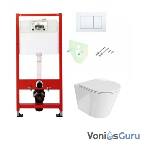 Tece potinkinis rėmas su baltu vandens nuleidimo mygtuku ir klozetas Galve 3.0 su sukūrinė vandens nuleidimo sistema