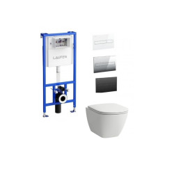 Laufen potinkinis rėmas su mygtuku ir Laufen LUA Rimless pakabinamu klozetu su Slim lėtai nusileidžiančiu dangčiu Laufen potinkinis rėmas su mygtuku ir Laufen LUA Rimless pakabinamu klozetu su Slim lėtai nusileidžiančiu dangčiu
