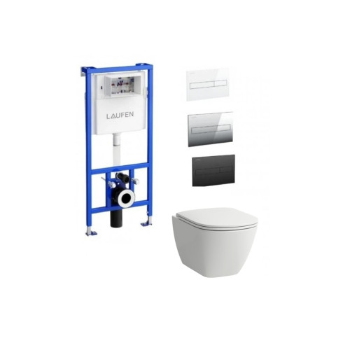 Laufen potinkinis rėmas su mygtuku ir Laufen LUA Rimless pakabinamu klozetu su Slim lėtai nusileidžiančiu dangčiu