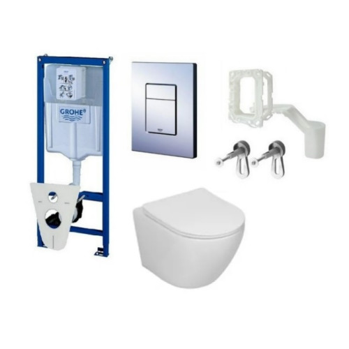 Grohe 5in1 rėmas + mygtukas chromas ir Sinto klozetas su sukūrinė vandens nuleidimo sistema ir lėtaegiu dangčiu