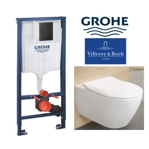 Grohe rėmo su juodu mygtuku ir Villeroy&Boch Subway 2.0 klozeto komplektas