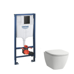 Potinkinis rėmas Grohe su juodu mygtuku LAUFEN LUA RIMLESS pakabinamas wc su lėtaeigiu dangčiu