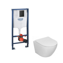 Grohe 3in1 rėmas + mygtukas juodas ir Sinto klozetas su sukūrinė vandens nuleidimo sistema ir lėtaegiu dangčiu