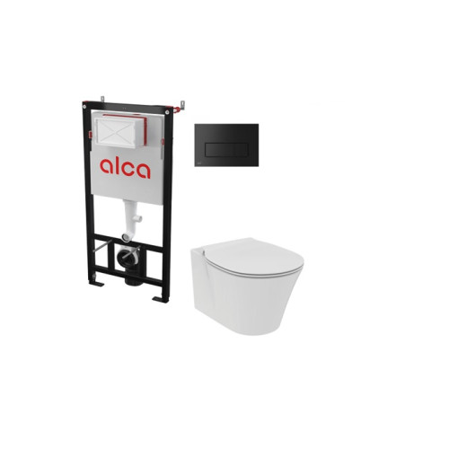 Alcadrain potinkinis rėmas su juodu mygtuku ir Connect Air AquaBlade klozetu