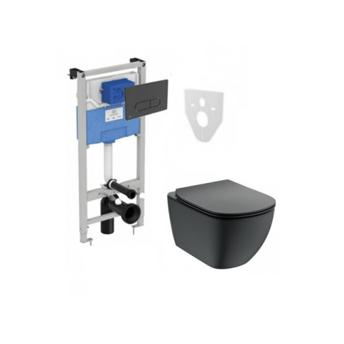 Ideal standard potinkinis rėmas Prosys + Oleas juodas matinis vandens nuleidimo mygtukas ir juodas Tesi pakabinamas klozetas su lėtaeigiu dangčiu Ideal standard potinkinis rėmas Prosys + Oleas juodas matinis vandens nuleidimo mygtukas ir juodas Tesi pakabinamas klozetas su lėtaeigiu dangčiu