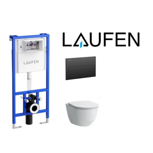 Potinkinis rėmas Laufen  su juodu matiniu nuleidimo mygtuku ir pakabinamu klozetu Laufen Pro New rimless su plonu lėtai užsidarančiu dangčiu