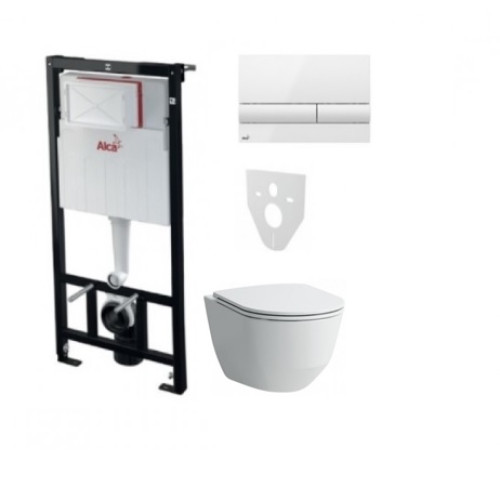 Komplektas 4 in1 Alcaplast rėmas + mygtukas baltas, Laufen PRO Rimless klozetas su lėtaegiu dangčiu