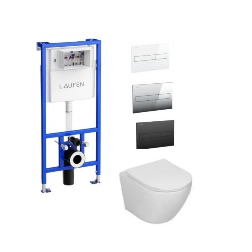 Laufen potinkinis rėmas su mygtuku ir  Sinto klozetas su sukūrinė vandens nuleidimo sistema ir lėtaegiu dangčiu
