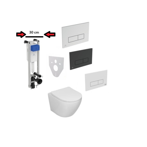 WC Komplektas 5in1 Ideal standart siauras rėmas 30cm +mygtukas ir   Sinto klozetas su sukūrinė vandens nuleidimo sistema ir lėtaegiu dangčiu