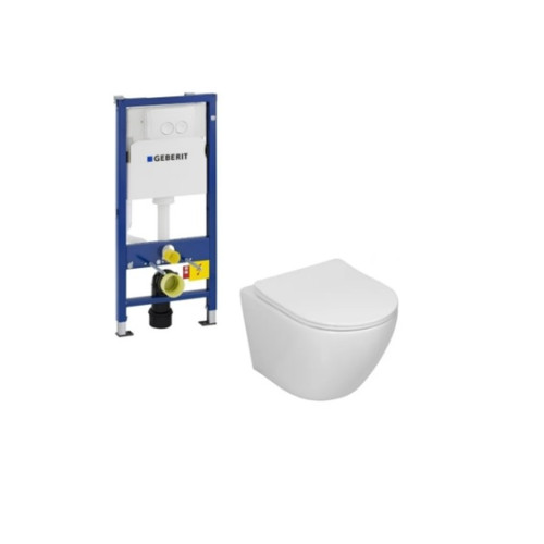 Geberit rėmas + mygtukas baltas, Sinto klozetas su sukūrinė vandens nuleidimo sistema ir lėtaegiu dangčiu