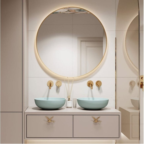 Massi Valo Slim LED apvalus veidrodis su LED apšvietimu, aukso spalvos rėmeliu, įvairių dydžių 