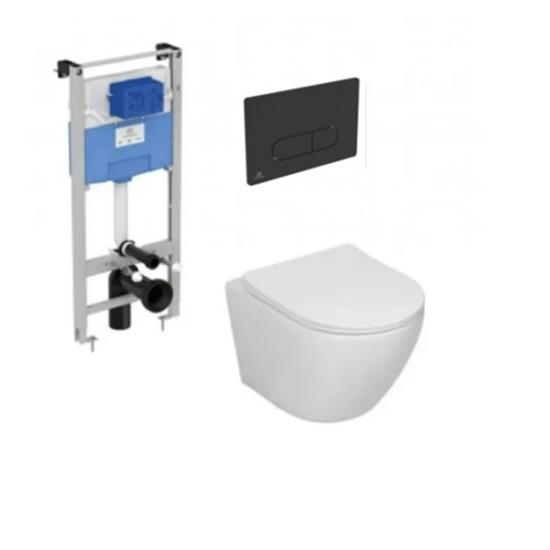 Komplektas 4 in1 Ideal standard + mygtukas juodas,  Sinto klozetas su sukūrinė vandens nuleidimo sistema ir lėtaegiu dangčiu