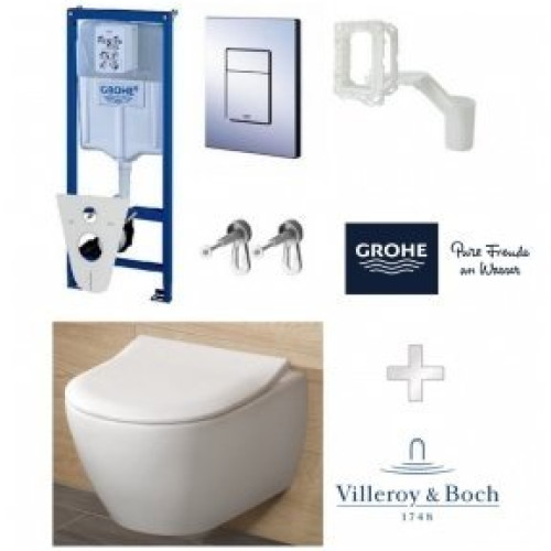 Potinkinio rėmo Grohe ir pakabinamo klozeto Villeroy & Boch Subway 2.0 Direct Flush su Slim dangčiu komplektas Potinkinio rėmo Grohe ir pakabinamo klozeto Villeroy & Boch Subway 2.0 Direct Flush su Slim dangčiu komplektas