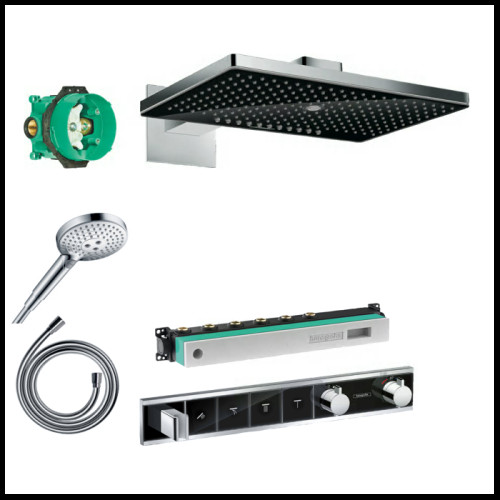 Potinkinis termostatinis dušas 5 in 1 komplekte HANSGROHE Rainmaker Select 460 3jet, juoda/chromuota