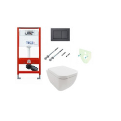 Tece rėmas su juodu matiniu TeceNow vandens nuleidimo mygtuku ir  klozetu Hatria Bianca Pure Rimless  