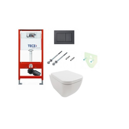 Tece rėmas su juodu matiniu TeceNow vandens nuleidimo mygtuku ir  klozetu Hatria Bianca Pure Rimless  