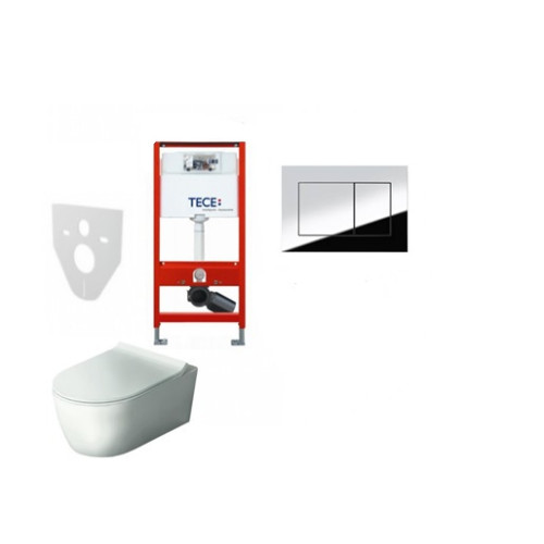 Komplektas 4 in1 Tece rėmas + chromuotas mygtukas Hatria Fusion Rimless klozetas su lėtaegiu dangčiu