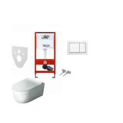 Komplektas 4 in1 Tece rėmas + mygtukas baltas Hatria Fusion Rimless klozetas su lėtaegiu dangčiu