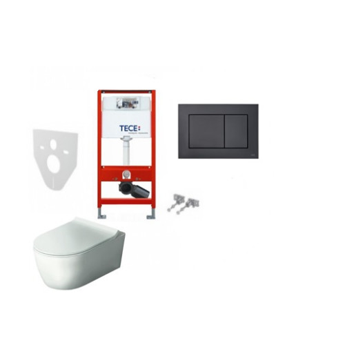 Komplektas 4 in1 Tece rėmas + mygtukas juodas matinis  Hatria Fusion Rimless klozetas su lėtaegiu dangčiu