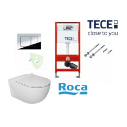Tece potinkinis rėmas su TeceNow vandens nuleidimo mygtuku ir Roca Meridian Rimless pakabinamu klozetu su lėtaeigiu dangčiu