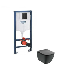  Potinkinis WC rėmas GROHE 5in1 su Grohe fresh 38827000 ir Tesi Aquablade juodas klozetas su lėtaeigiu dangčiu