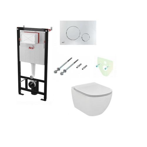 Komplektas 4 in1 Alcaplast rėmas + mygtukas chromas , Ideal Standard Tesi Aquablade klozetas su lėtaegiu dangčiu