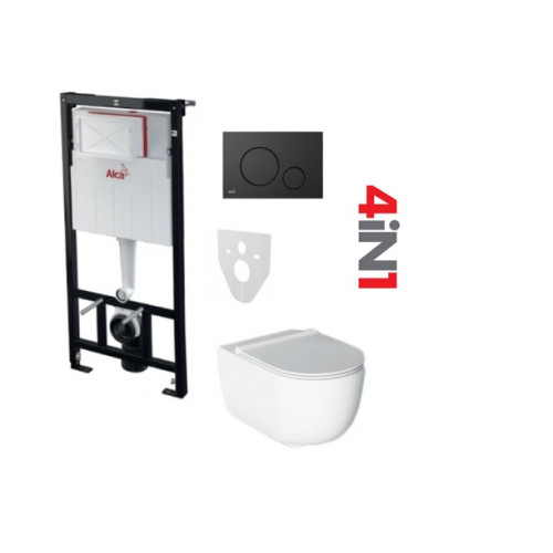 Komplektas 4 in1 Alcaplast rėmas + mygtukas juodas matinis,  Alice Ceramica Unica Rimless klozetas su lėtaegiu dangčiu